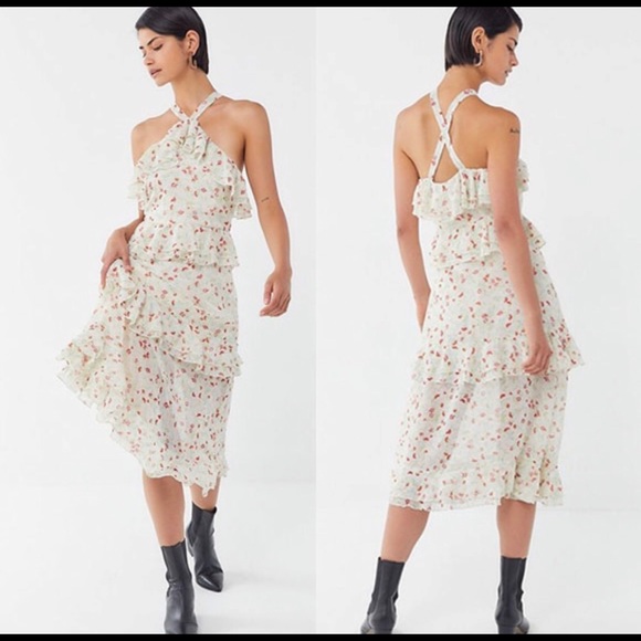 UO Sacramento Tiered Ruffle Cross-Back Midi Dress - Picture 1 of 4